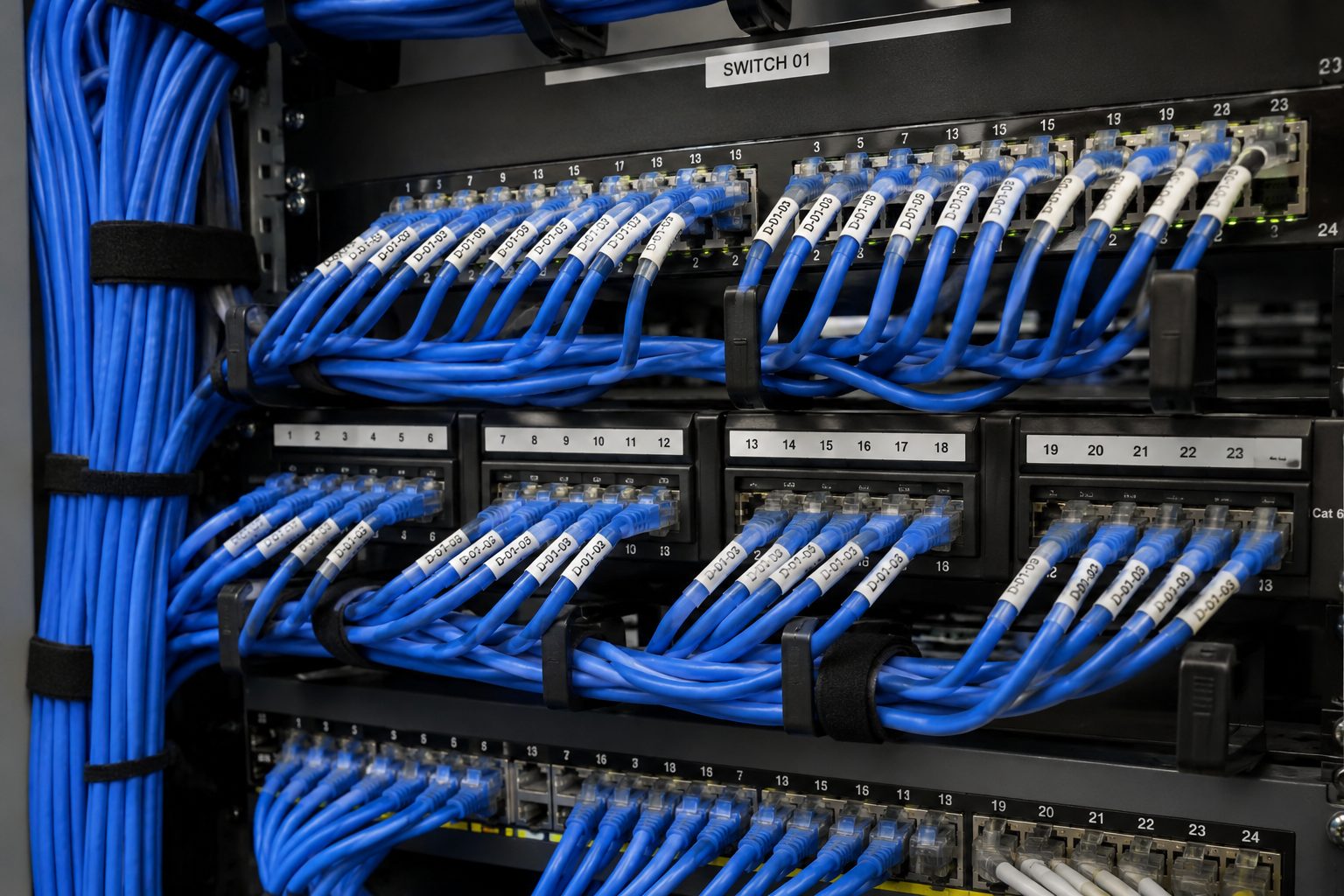 Cableado estructurado de red ordenado y etiquetado en un rack de datos