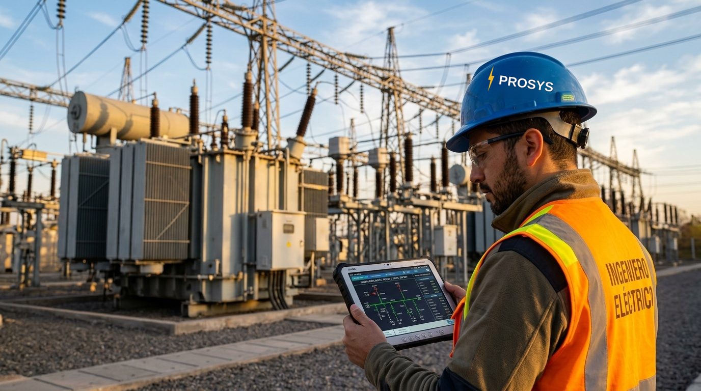 Ingeniero con casco revisando un panel de control en una subestación eléctrica