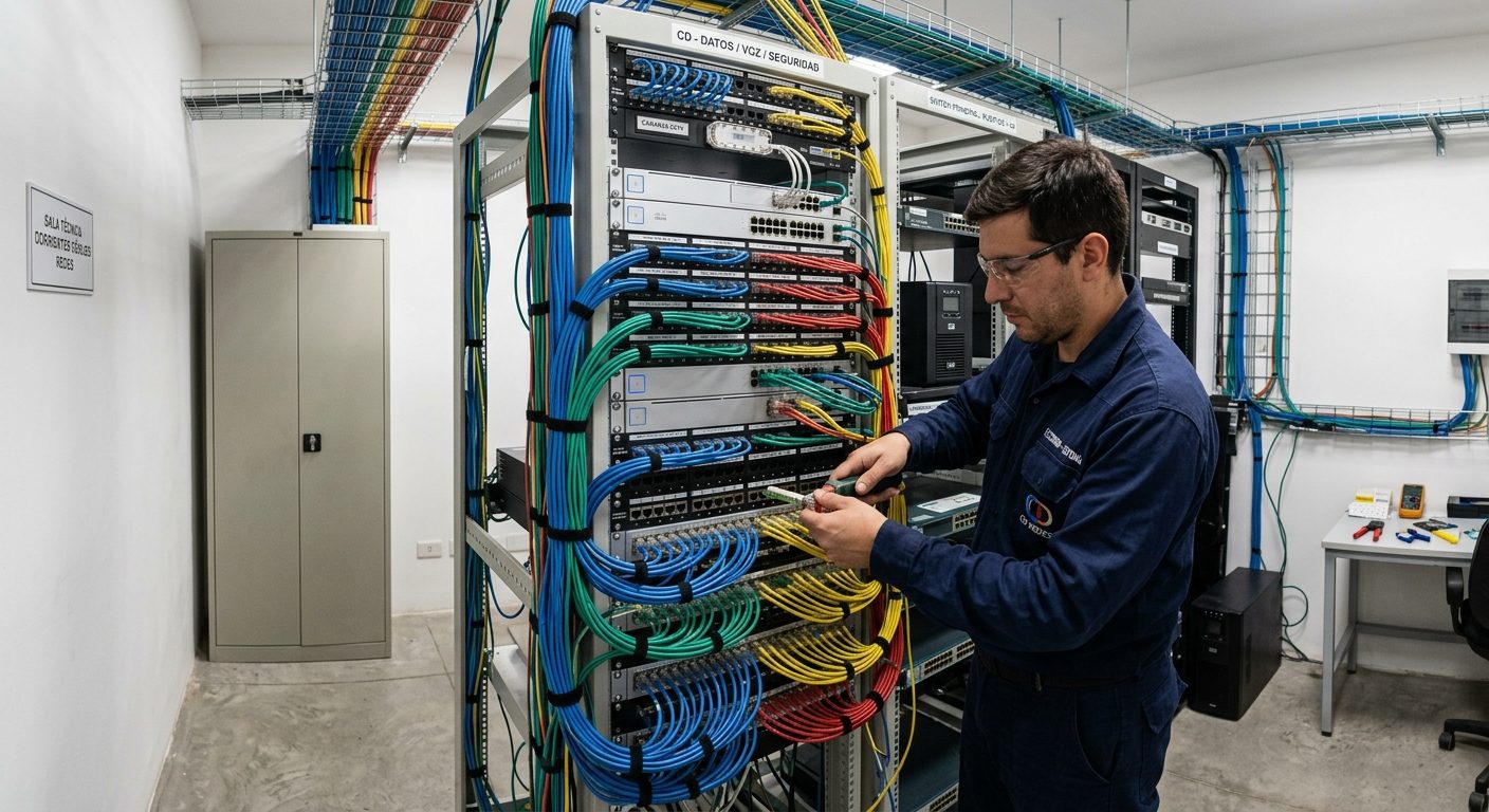 Técnico conectando cables de red en un rack de datos con cableado estructurado de colores