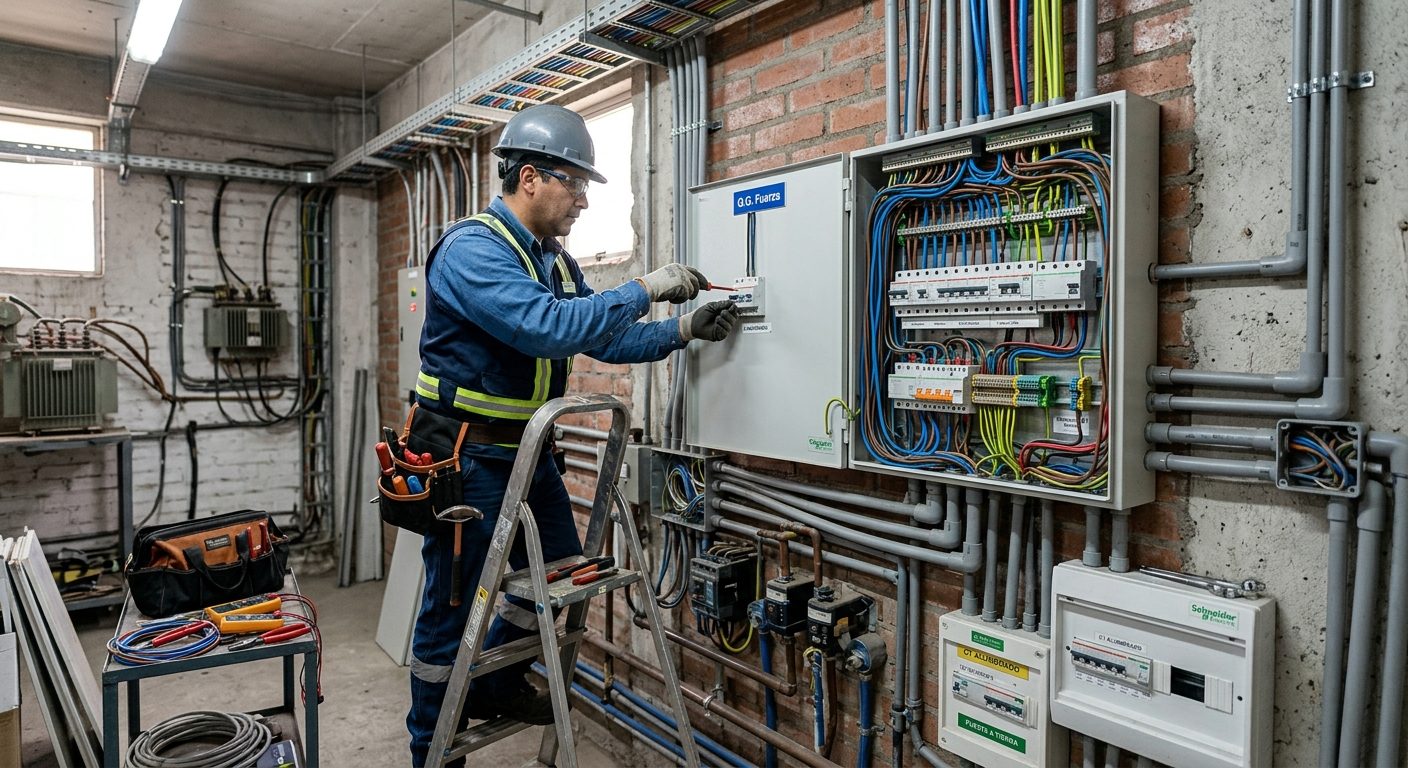 Técnico sobre una escalera instalando un tablero eléctrico en una instalación con ladrillo a la vista